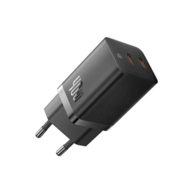 شارژر دیواری 40 وات بیسوس مدل GaN 5 Pro با اتصال به پریز دوشاخه و تکنولوژی شارژ سریع Quick Charge 3.0، دارای 2 عدد درگاه خروجی USB Type-C